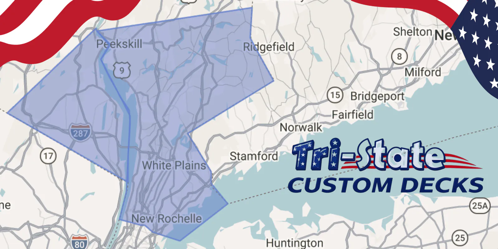 Tri-State Custom Decks service-area map, with the covered region shaded across Westchester and Rockland in New York and out toward south-western Connecticut.