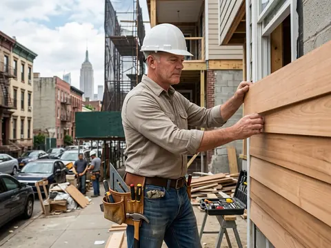 A contractor fitting cedar siding on a city row house